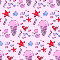 Seamless vector pattern with sea elements of various sizes. Fish, jellyfish, starfish, coral and seashell. © Anastasia