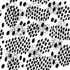 Abstract hand drawn seamless pattern with dots and spiral scribbles. Simple black and white background. Vector illustration