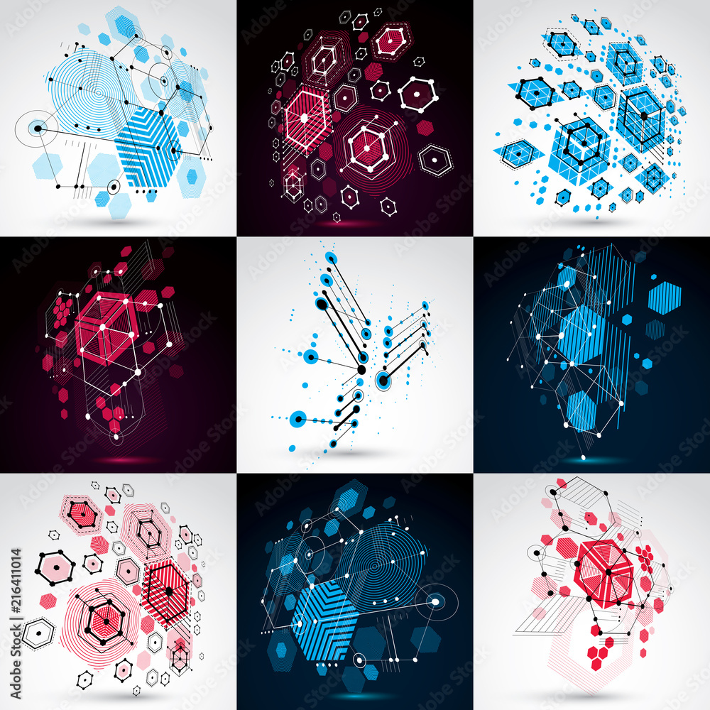 Poster set of vector bauhaus abstract backgrounds made with grid and overlapping simple geometric elements,
