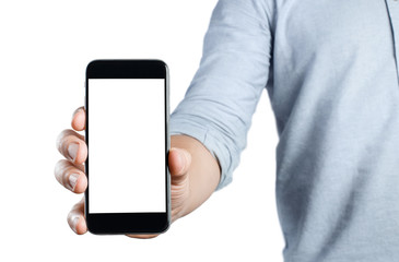 Hand holding black smartphone, isolated on white background