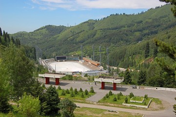 . Medeo skating rink from a height of bird flight. Almaty, Republic of Kazakhstan.