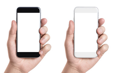 Hands holding black and white smartphones, isolated on white background1