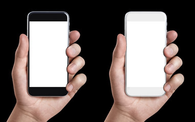 Hands holding black and white smartphones, isolated on black background