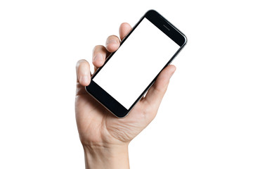 Hand holding black smartphone, isolated on white background