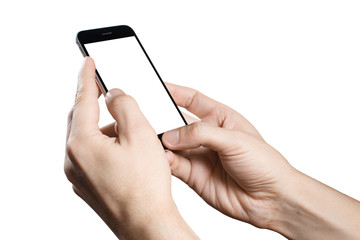 Hands holding black smartphone, isolated on white background