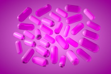 Transparent vitamin capsules. Vitamin and mineral complex. Medical background. 3d illustration