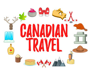 Canadian Travel concept icons set. Cartoon set of 9 canadian travel vector icons for web isolated on white background