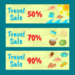 Travel sale concept banner set. Cartoon set of travel sale vector concept banner for web, giftcard and postcard