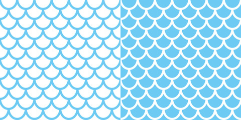 Set of the two mermaid patterns. Fish scale background. Blue texture for your design