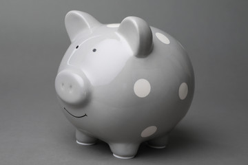 Cute piggy bank on gray background