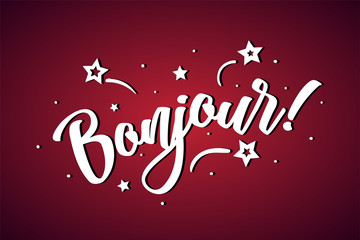 Bonjour lettering card, banner. Beautiful greeting scratched calligraphy white text word stars. Hand drawn invitation print design. Handwritten modern brush red background isolated vector © huhehoda