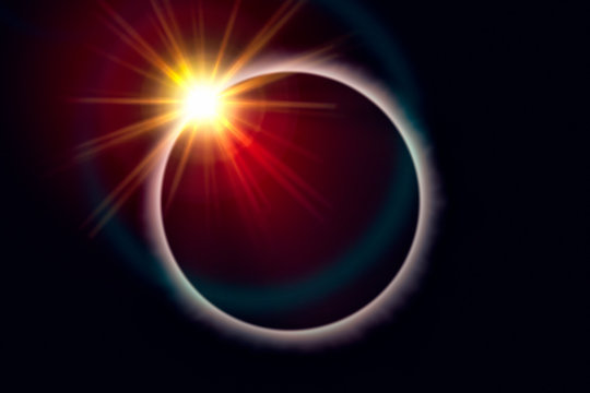 Total solar eclipse. Sunbeams burst behind the moon and create the diamond ring effect - Powered by Adobe