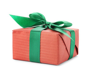 Beautiful gift box with ribbon on white background