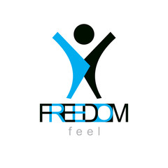 Vector illustration of happy abstract  man with raised reaching up. Successful business career emblem. Corporate development symbol. Freedom creative logo.