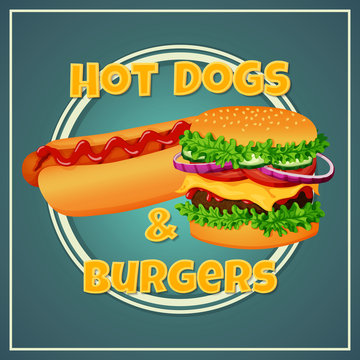 Fast food icon, label, sticker, sign, poster. Grilled hot dog with ketchup and meat burger on a blue background.