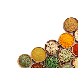 Beautiful composition with different aromatic spices on white background