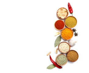 Beautiful composition with different aromatic spices on white background