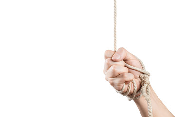 Tied hand on white background