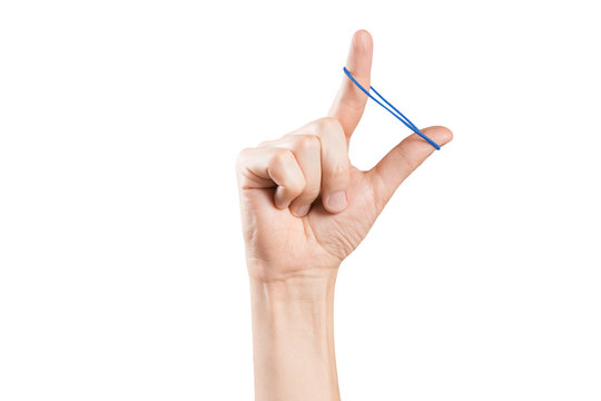 Hand Playing With Elastic Hair Band On White Background