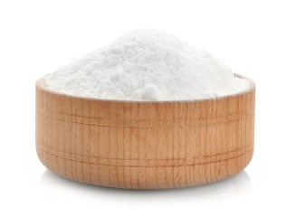 Bowl with baking soda on white background