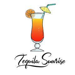 Tequila Sunrise alcohol cocktail in glass,  orange slice and umbrella straw. Classic cocktail. Hand sketched composition with lettering typography made for menu design, bar, restaurant, print. Vector