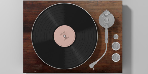 Vinyl LP record player isolated on grey background, top view. 3d illustration