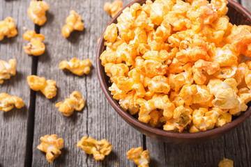 Yellow cheese popcorn in bowl
