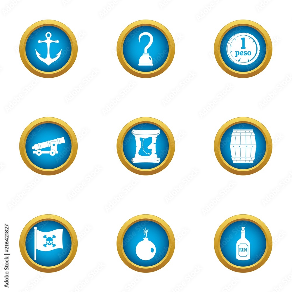 Poster act of piracy icons set. flat set of 9 act of piracy vector icons for web isolated on white backgrou