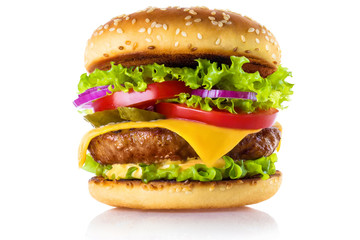 Delicious burger, isolated on white background - obrazy, fototapety, plakaty