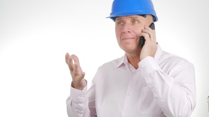 Businessman Wearing Engineer Helmet Communicate Using Cellphone