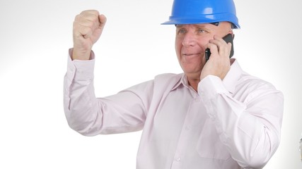 Businessman Wearing Engineer Helmet Communicate Using Cellphone