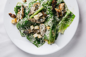 Close up of Oysters Caesar salad served in white plate over white tablecloth.