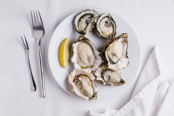 Fresh oysters served in white plate with sliced of lemon on white tablecloth.