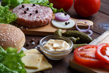 Close-up of raw ingredients for delicious home-made burger
