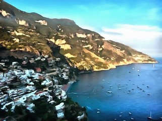 Fototapeta premium Oil painting. Art print for wall decor. Acrylic artwork. Big size poster. Watercolor drawing. Modern style fine art. Beautiful moutain landscape. Warm sea.