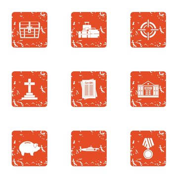 Material benefit icons set. Grunge set of 9 material benefit vector icons for web isolated on white background
