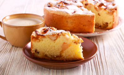 Apple cake with icing sugar on top, served