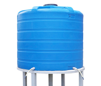 Blue plastic water storage tank on white background