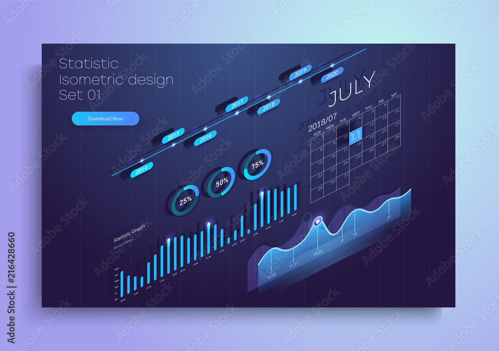 Poster set of colorful infographic vector elements: presentation graphics, statistics of data and diagrams.