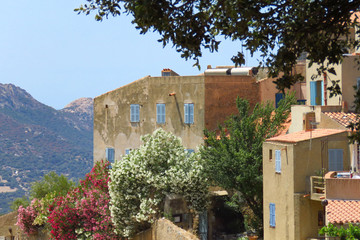 Picturesque view of a mountain village in the Balagne region, Corsica, France   