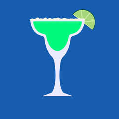 Vector glass of margarita with slice of lime and salt on top glass on blue background