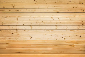 Empty wood table top on wood wall background