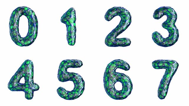 Alphabet from blue plastic with abstract holes isolated on a white background. The numeral 0 1 2 3 4 5 6 7 . 4K