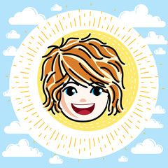 Caucasian type girl face expressing positive emotions, vector human head illustration. Beautiful redhead happy child with stylish haircut.