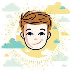 Boy face, vector human head illustration, portrait. Red-haired teenager expressing positive emotions.