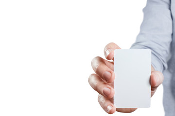 Male hand holding a white card, isolated on white background