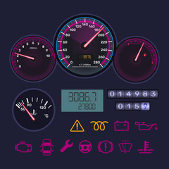 Panel, tachometer, speedometer, level gasoline, distance in kilometers, information icons.