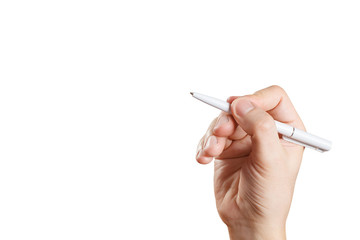 Hand holding a pen, isolated on white background