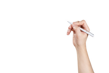 Hand holding a pen, isolated on white background