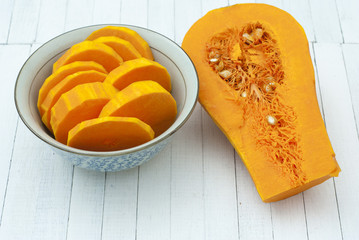 a bowl of sliced pumpkins on kitchen table